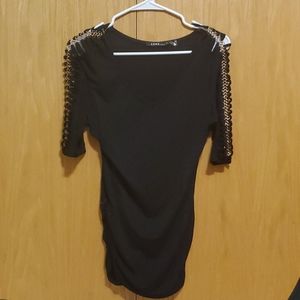 Black V-neck Gold Chain Sleeved Shirt